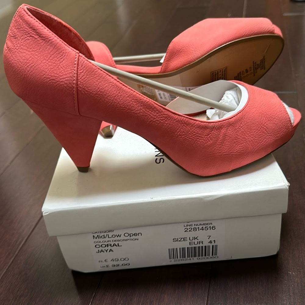 NEW Dorothy Perkins CORAL open toe front platform/back 3” chunk heel dress shoe
